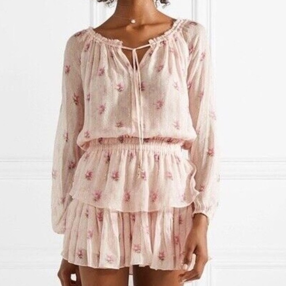 LoveShackFancy Popover Mini Dress Powder Pink w Gold Threading in Vintage Rose